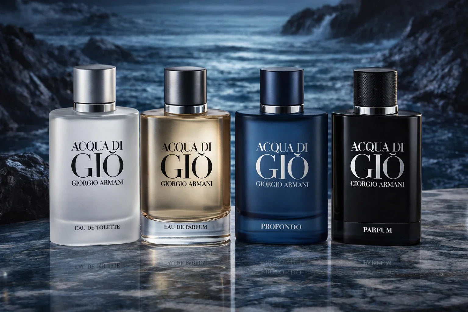 Giorgio Armani Acqua di Giò EDT, EDP, Profondo and Parfum fragrance comparison