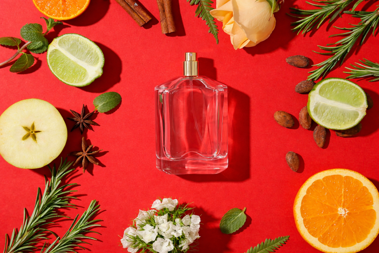 Cologne perfume bottle on red background with citrus fruits, spices and fresh fragrance ingredients