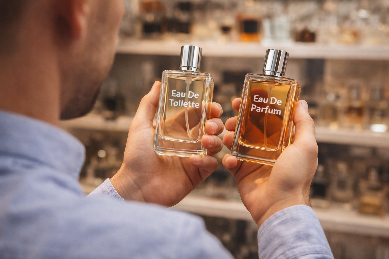 Comparing eau de toilette and eau de parfum by holding two perfume bottles in a store