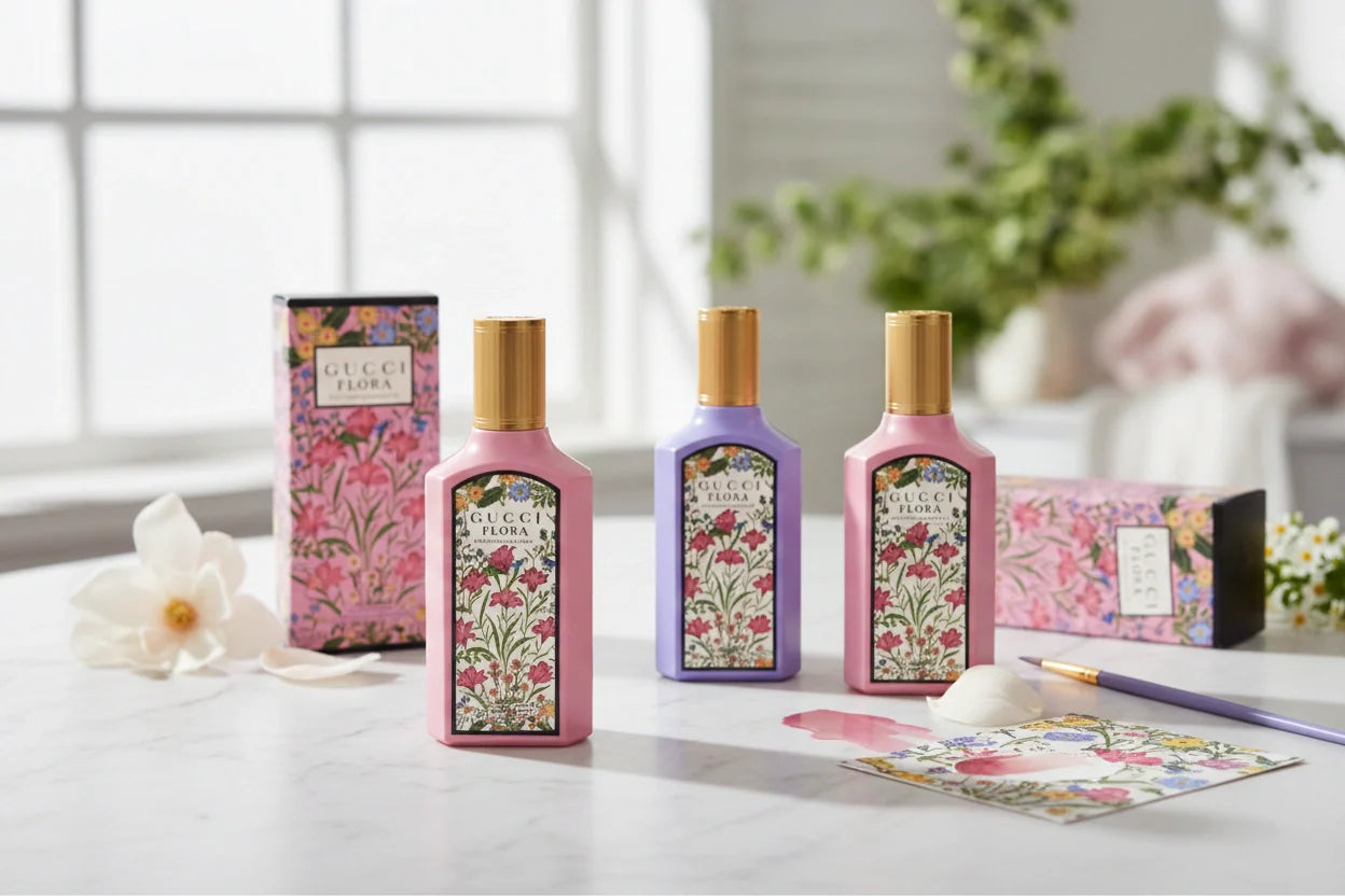 Gucci Flora Gorgeous Gardenia, Gorgeous Jasmine and Gorgeous Magnolia perfume bottles comparison