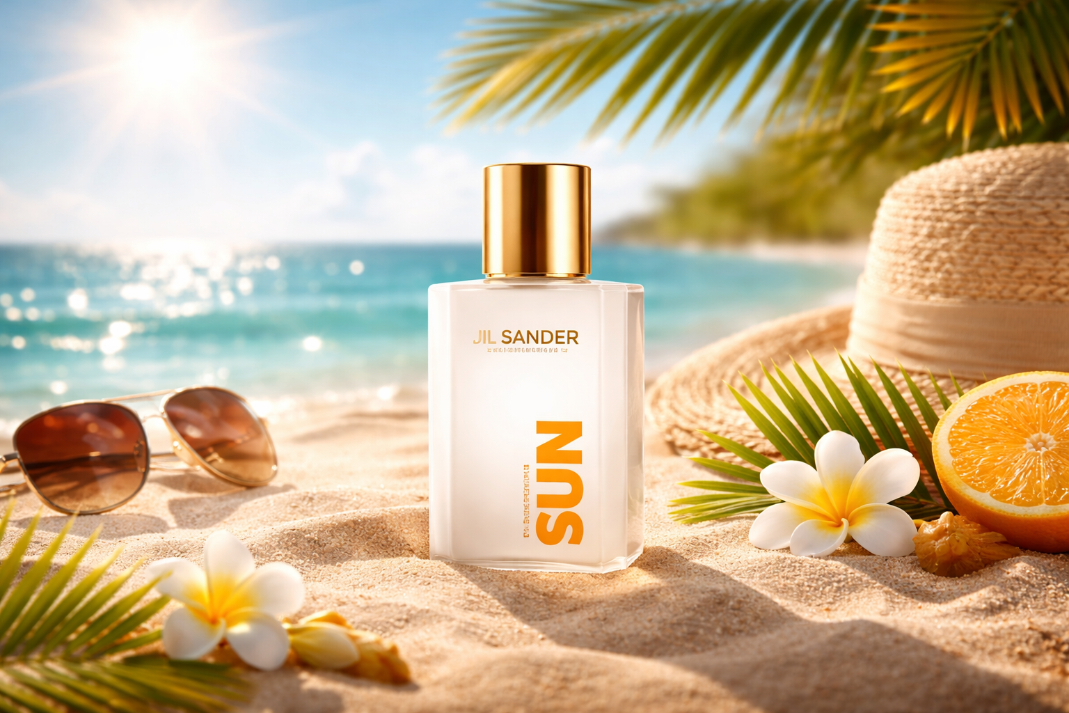 Jil Sander Sun perfume on sand by the sea, surrounded by sunlight, citrus fruits, and tropical flowers - a symbol of summer luxury