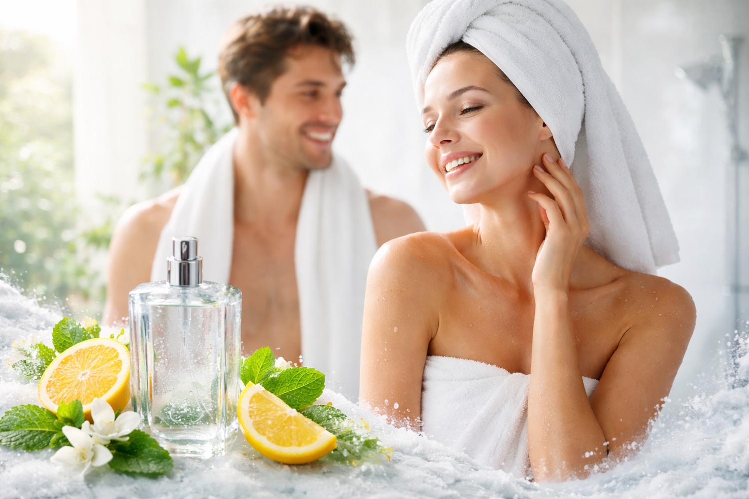 Woman after shower with fresh clean skin and perfume bottle surrounded by citrus, mint and soap bubbles representing a freshly showered scent