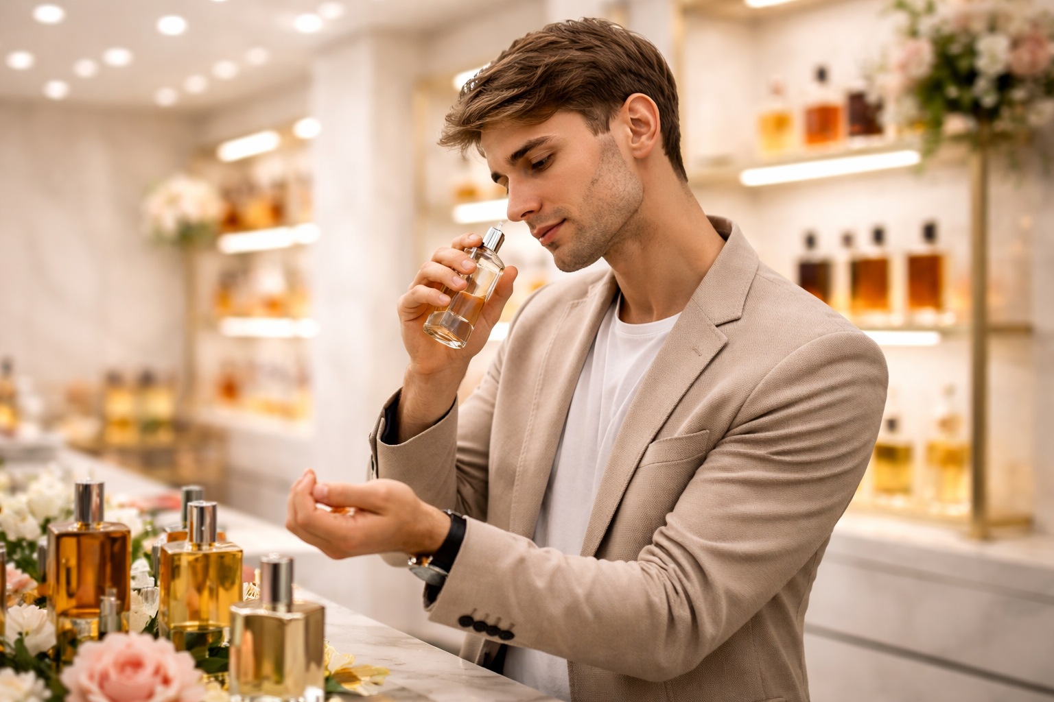 Man testing perfume on his wrist in a luxury fragrance store choosing the right scent