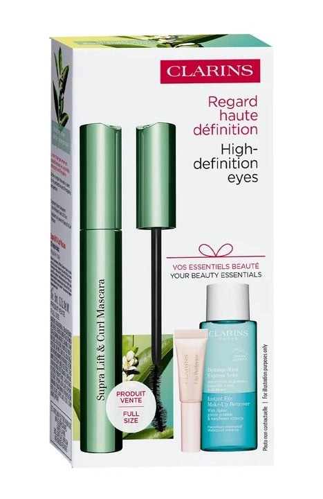 Set mit Clarins Mascara Supralift & Curl (8 ml) + Instant Eye Makeup Remover (10 ml) + Natural Lip Perfector Glow (5 ml)