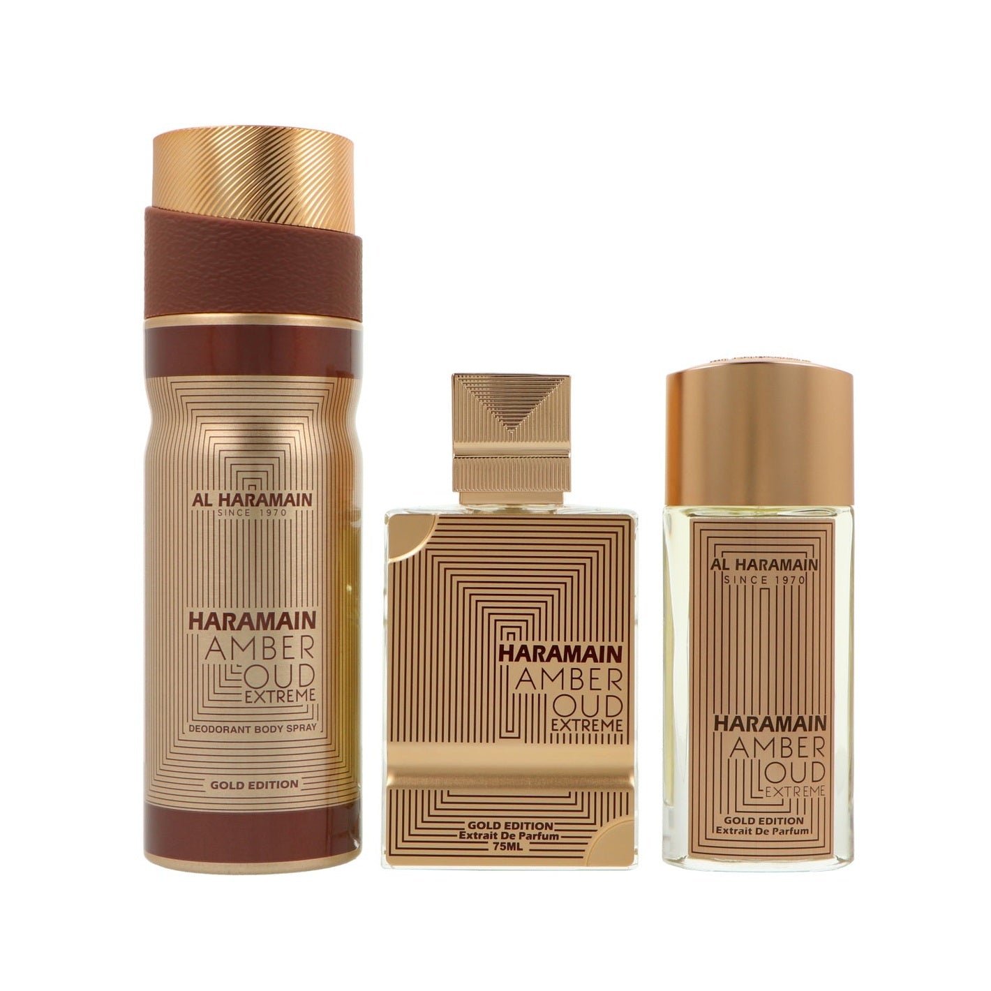 Set Al Haramain Amber Oud Gold Edition Extreme Perfumes Extrait de Parfum 75ml + Extrait de Parfum 30ml + Deodorant Body Spray 200ml