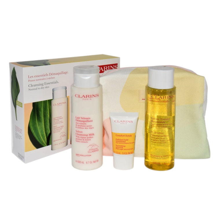 Set Clarins Velvet Cleansing Milk 200ml + Hydrating Toning Lotion 200ml + Comfort Scrub 15ml + Cosmetics Bag