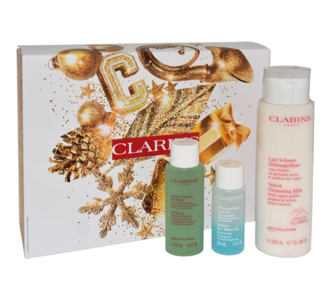 Set bestehend aus Clarins Velvet Reinigungsmilch 200 ml + Augen-Make-up-Entferner 30 ml + Gesichtswasser 50 ml