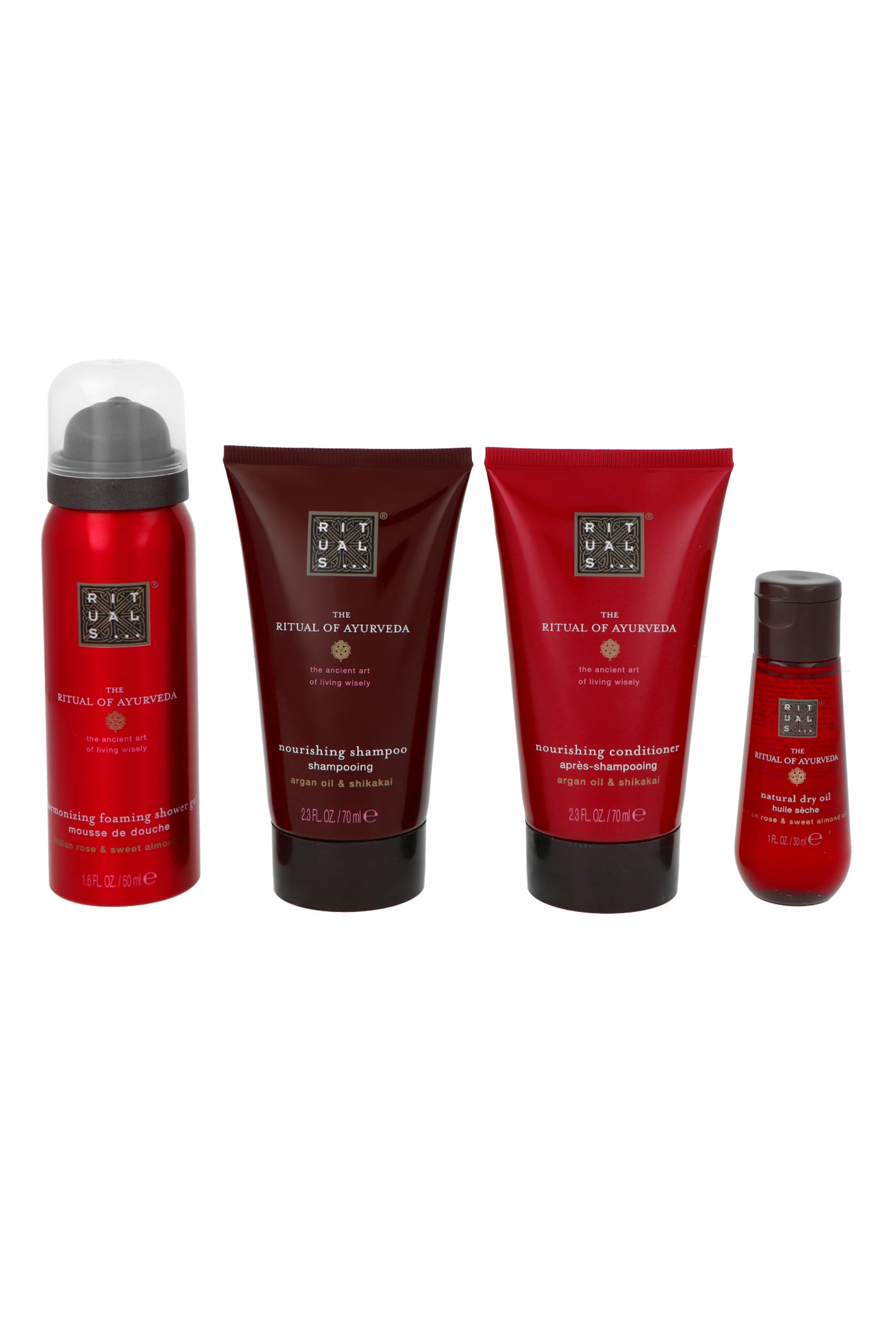 Zestaw Rituals The Ritual of Ayurveda Shampoo 70ml + Conditioner 70ml + Foaming Shower Gel 50ml + Dry Body and Hair Oil 30 ml + Pouch