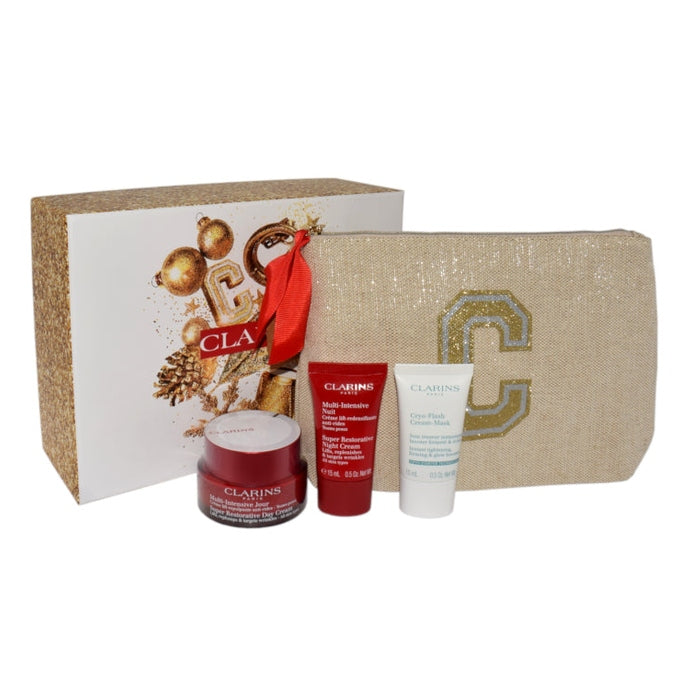 Set mit Clarins Multi-Intensive Tagescreme (50 ml), Super Regenerierender Nachtcreme (15 ml), Cryo Flash Creme-Maske (15 ml) und Kosmetiktasche