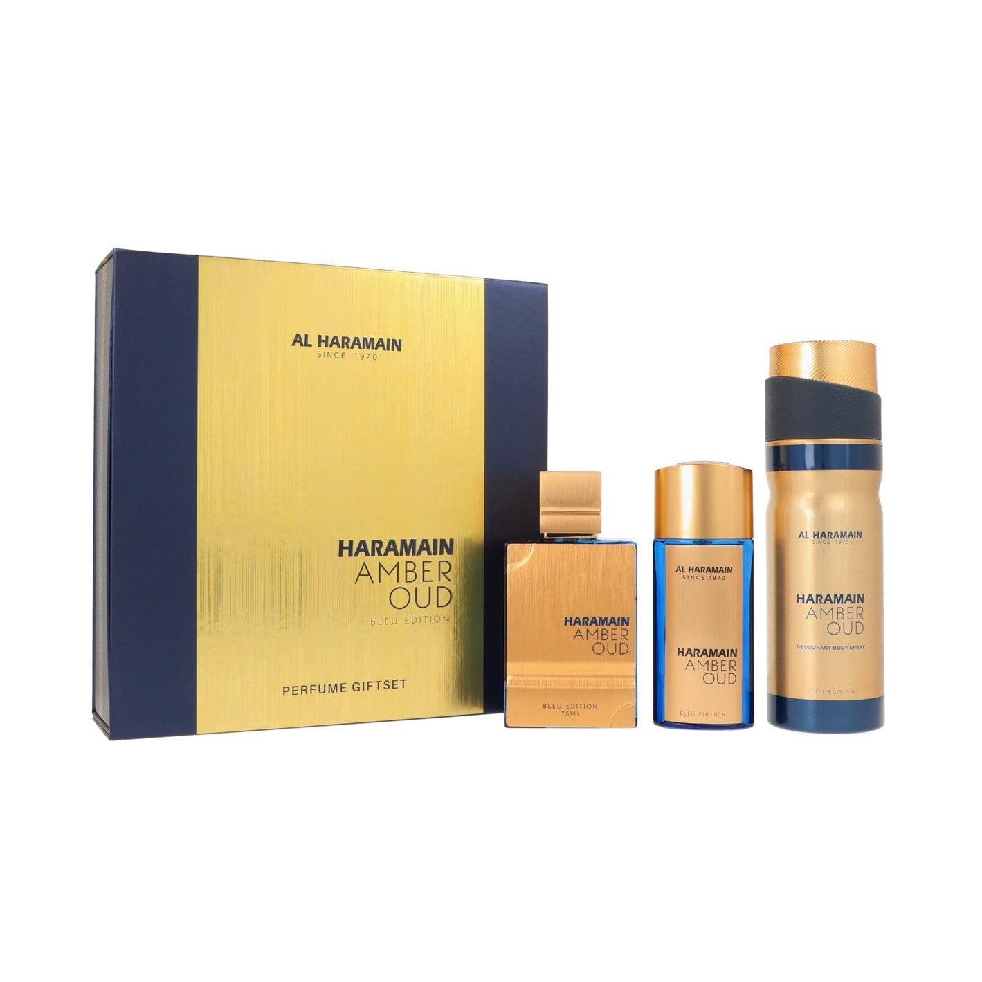 Set Al Haramain Amber Oud Bleu Edition Edp 75 ml + Edp 30ml + Deodorant Body Spray 200ml