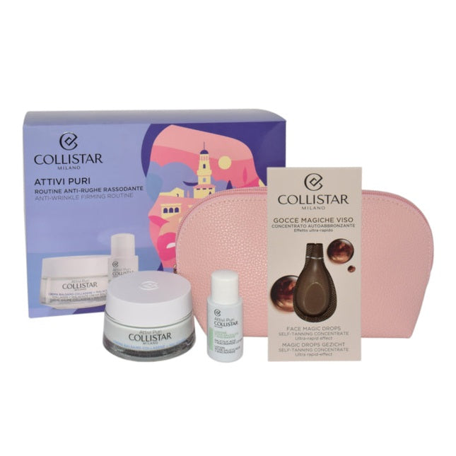 Set Collistar Attivi Puri Collagen Balm Cream + Salicylic Acid Lotion 15ml + Self Tanning Drops Sample + Cosmetics Bag