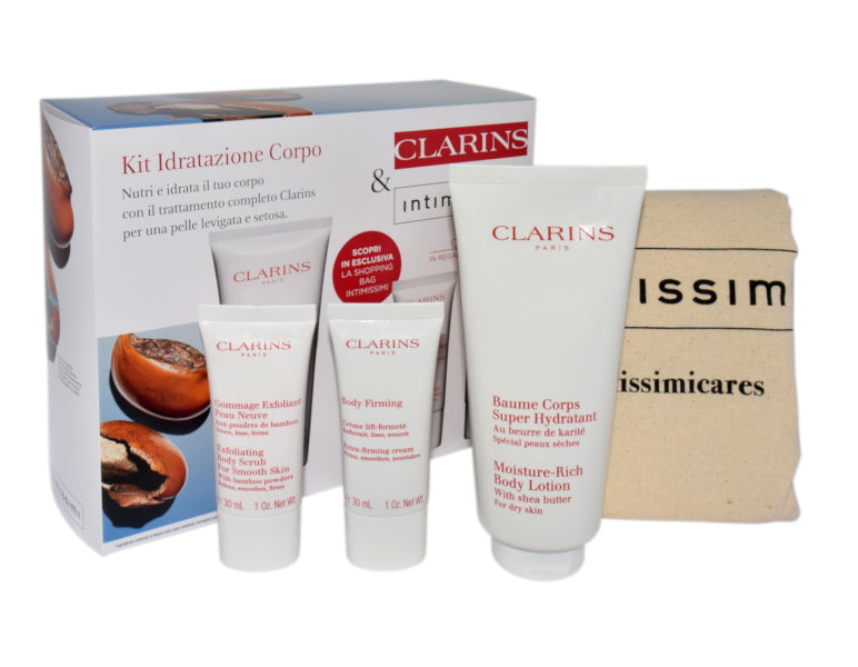 Set mit Clarins Bodylotion (200 ml), Körperpeeling (30 ml) und straffender Körperlotion (30 ml)
