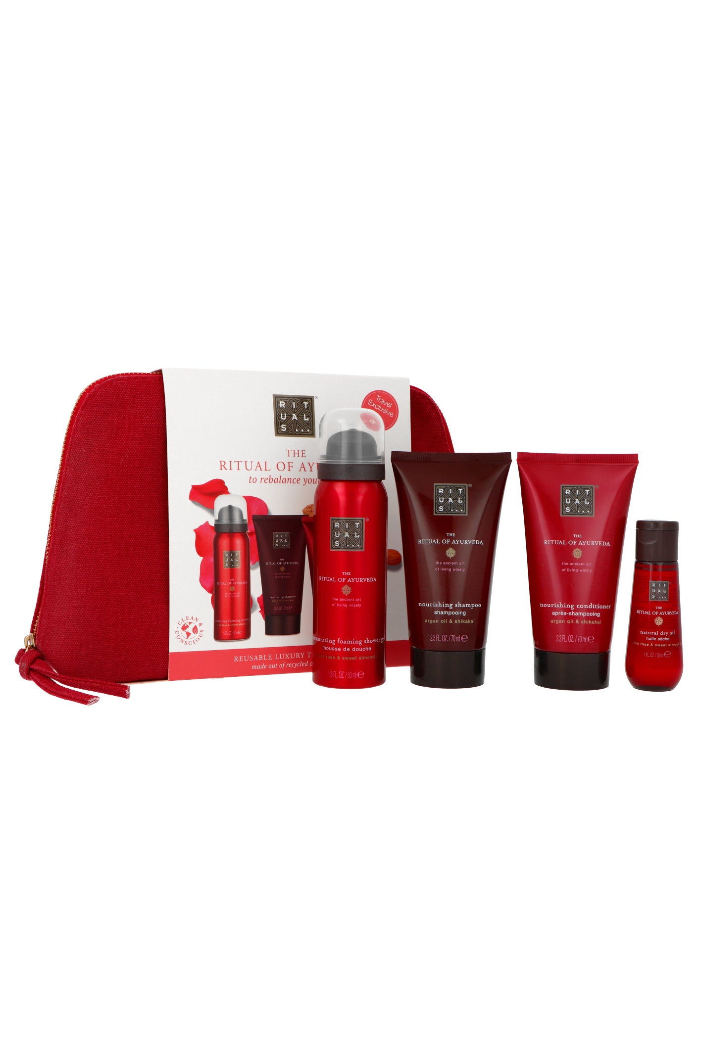 Zestaw Rituals The Ritual of Ayurveda Shampoo 70ml + Conditioner 70ml + Foaming Shower Gel 50ml + Dry Body and Hair Oil 30 ml + Pouch