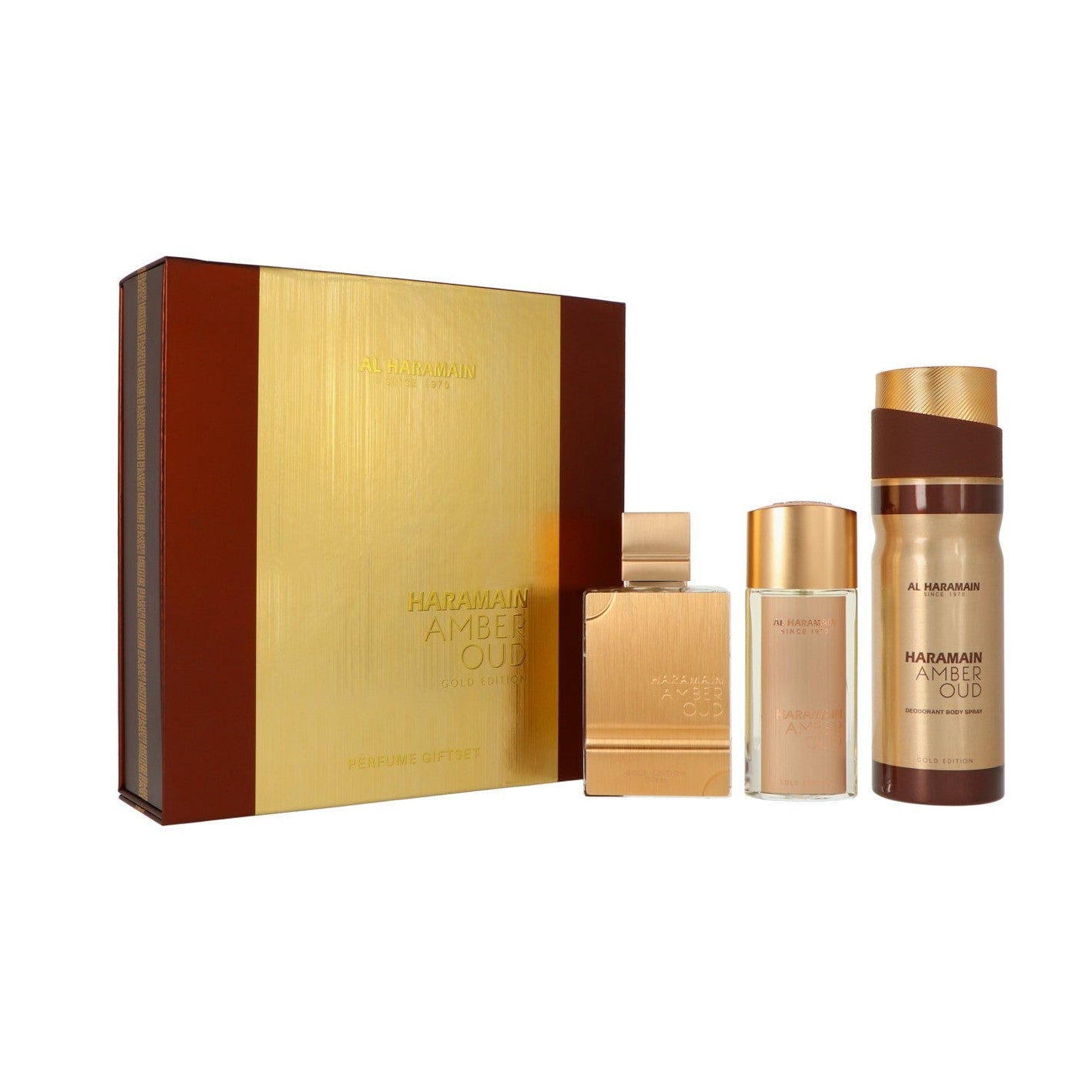 Set Al Haramain Amber Oud Gold Edition Pure Perfume 75 ml + Pure Perfume 30ml + Deodorant Body Spray 200ml