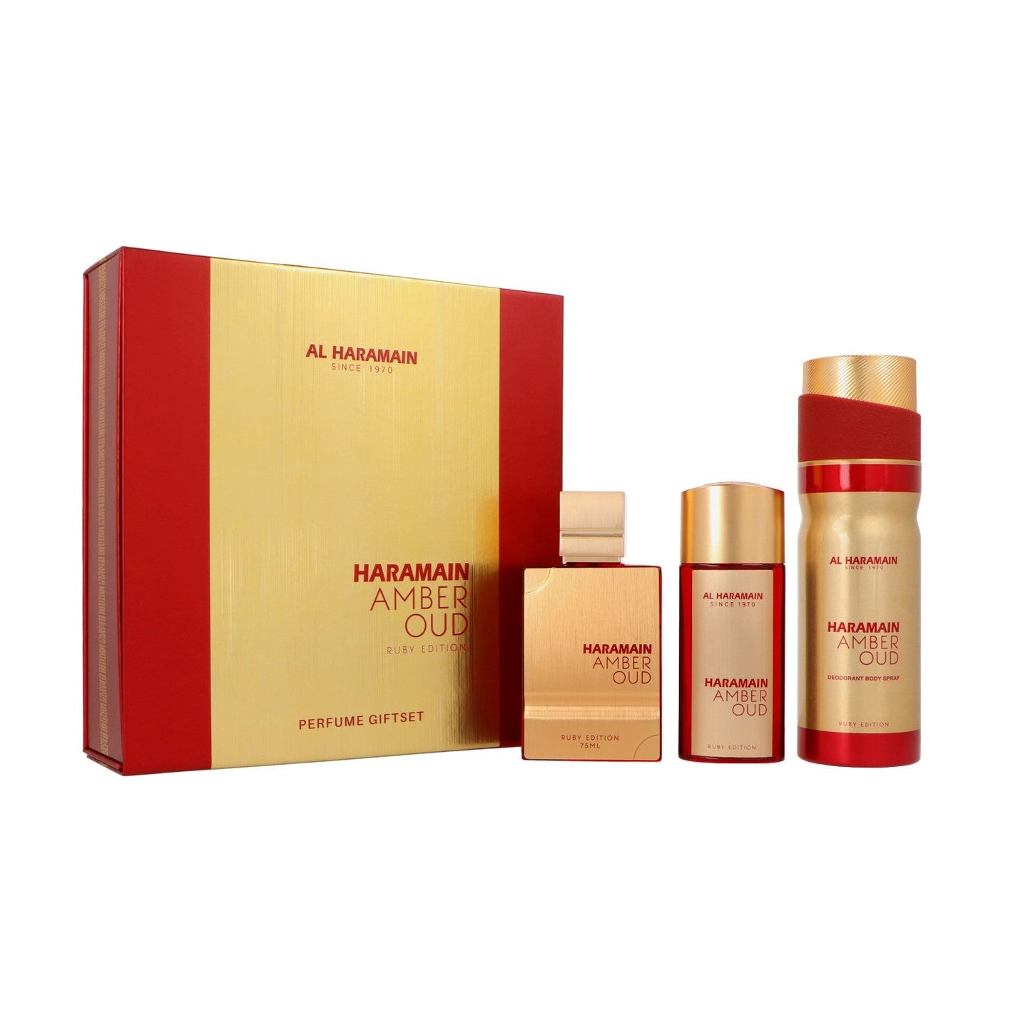 Set Al Haramain Amber Oud Ruby Edition Pure Perfume 75 ml + Pure Perfume 30ml + Deodorant Body Spray 200ml