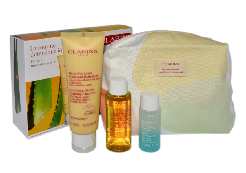Set: Clarins Reinigungsschaum 125 ml + Lotion 50 ml + Demaquillant Express Yeux 30 ml + Kosmetiktasche