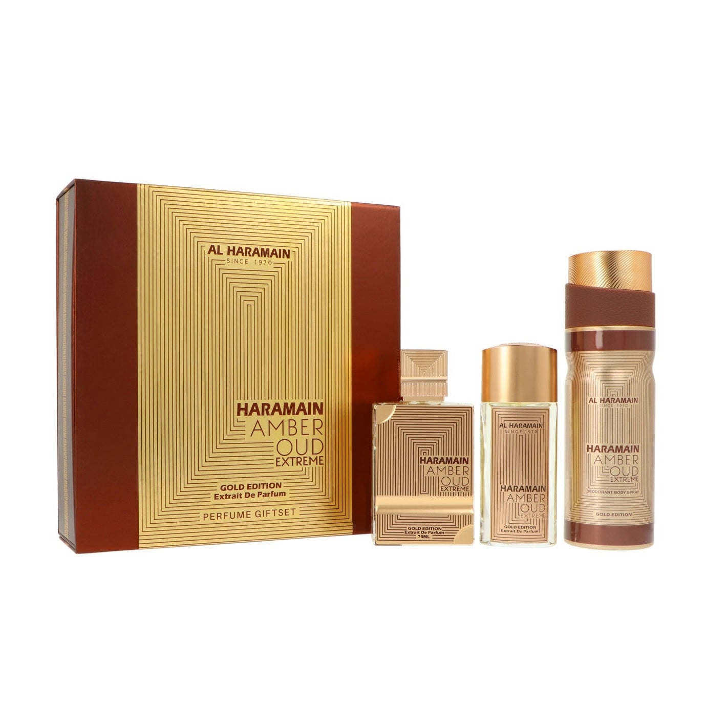 Set Al Haramain Amber Oud Gold Edition Extreme Perfumes Extrait de Parfum 75ml + Extrait de Parfum 30ml + Deodorant Body Spray 200ml