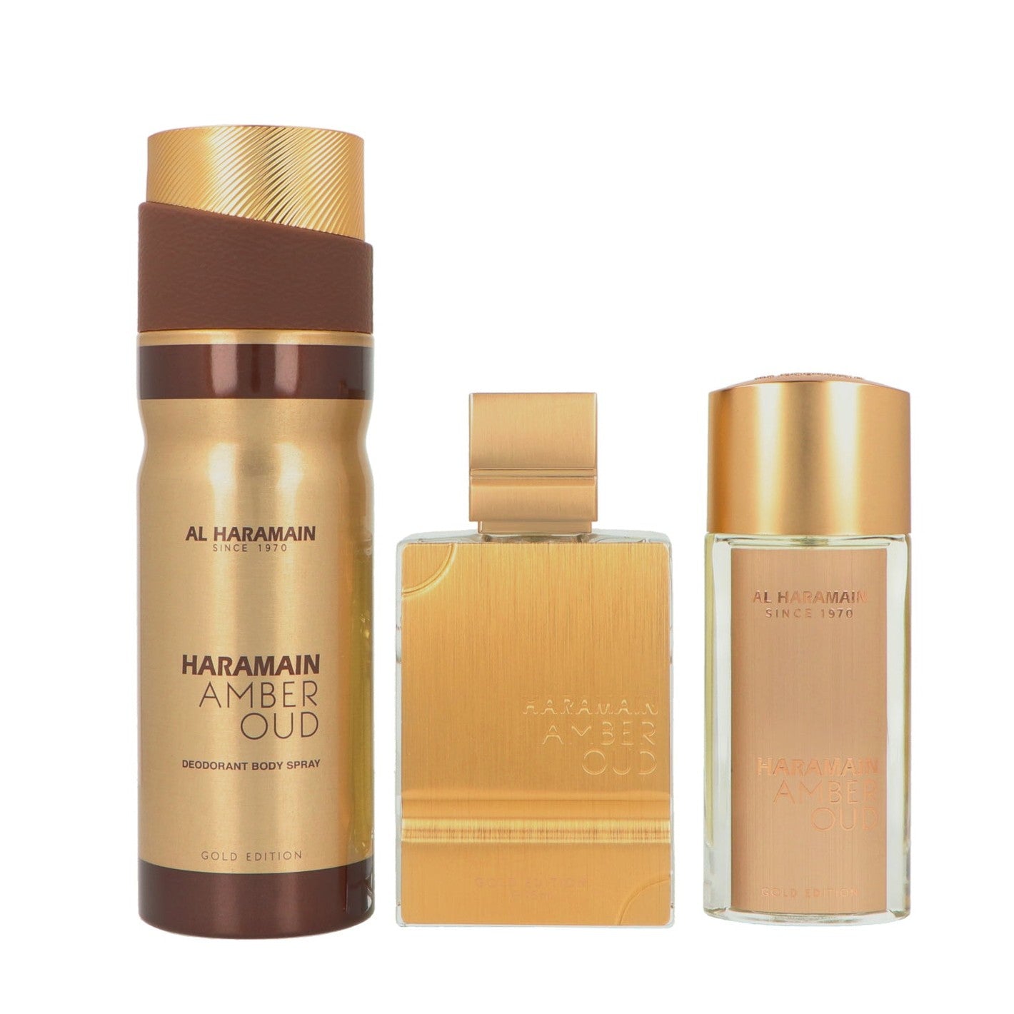 Set Al Haramain Amber Oud Gold Edition Pure Perfume 75 ml + Pure Perfume 30ml + Deodorant Body Spray 200ml