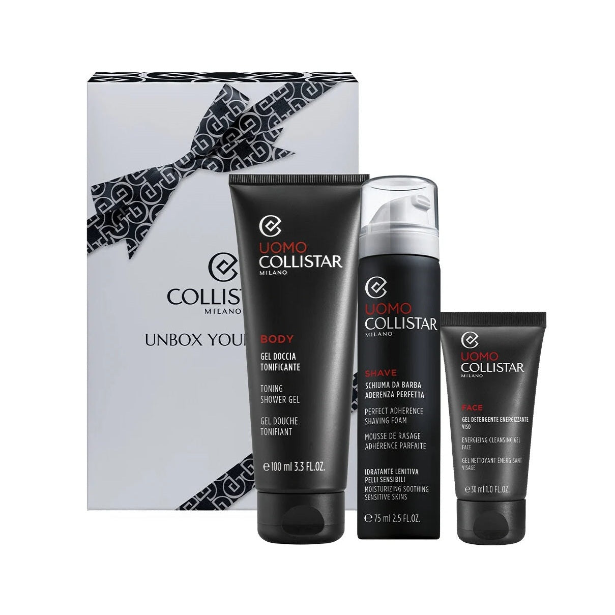 Set Collistar Uomo Unbox Your Style Perfect Adherence Shaving Foam For Sensitive Skin 75ml + Toning Shower Gel 100ml + Energizing Cleansing Gel 30ml