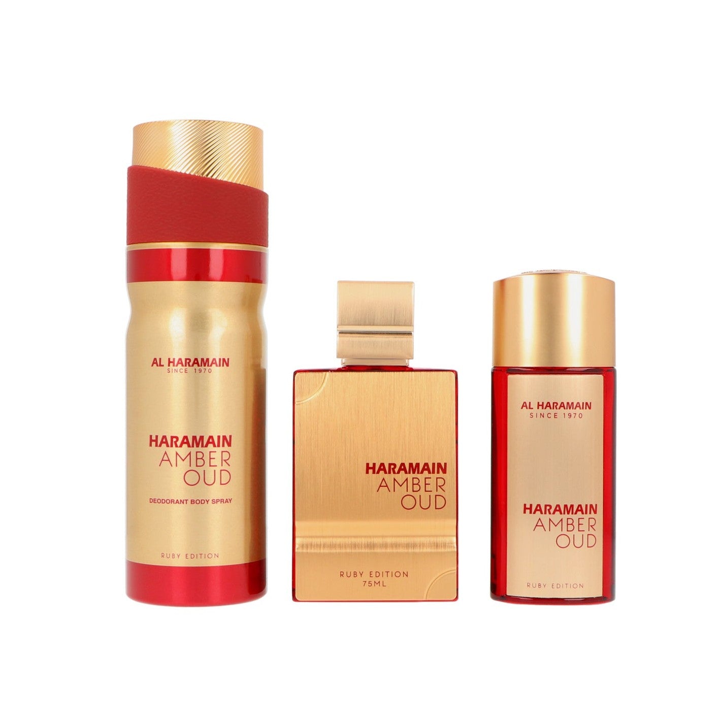 Set Al Haramain Amber Oud Ruby Edition Pure Perfume 75 ml + Pure Perfume 30ml + Deodorant Body Spray 200ml